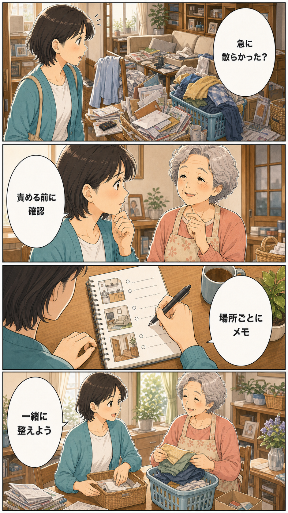 実家が急に散らかってきたときに見る生活変化チェックリストのカラーセリフ入り漫画