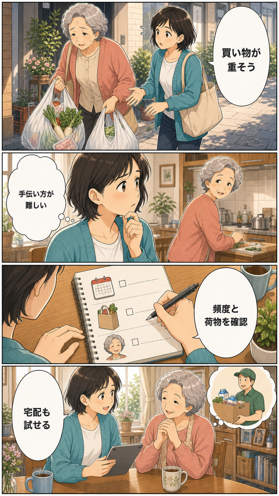 親の買い物が大変そうなときに試したい支援の選び方のカラーセリフ入り漫画