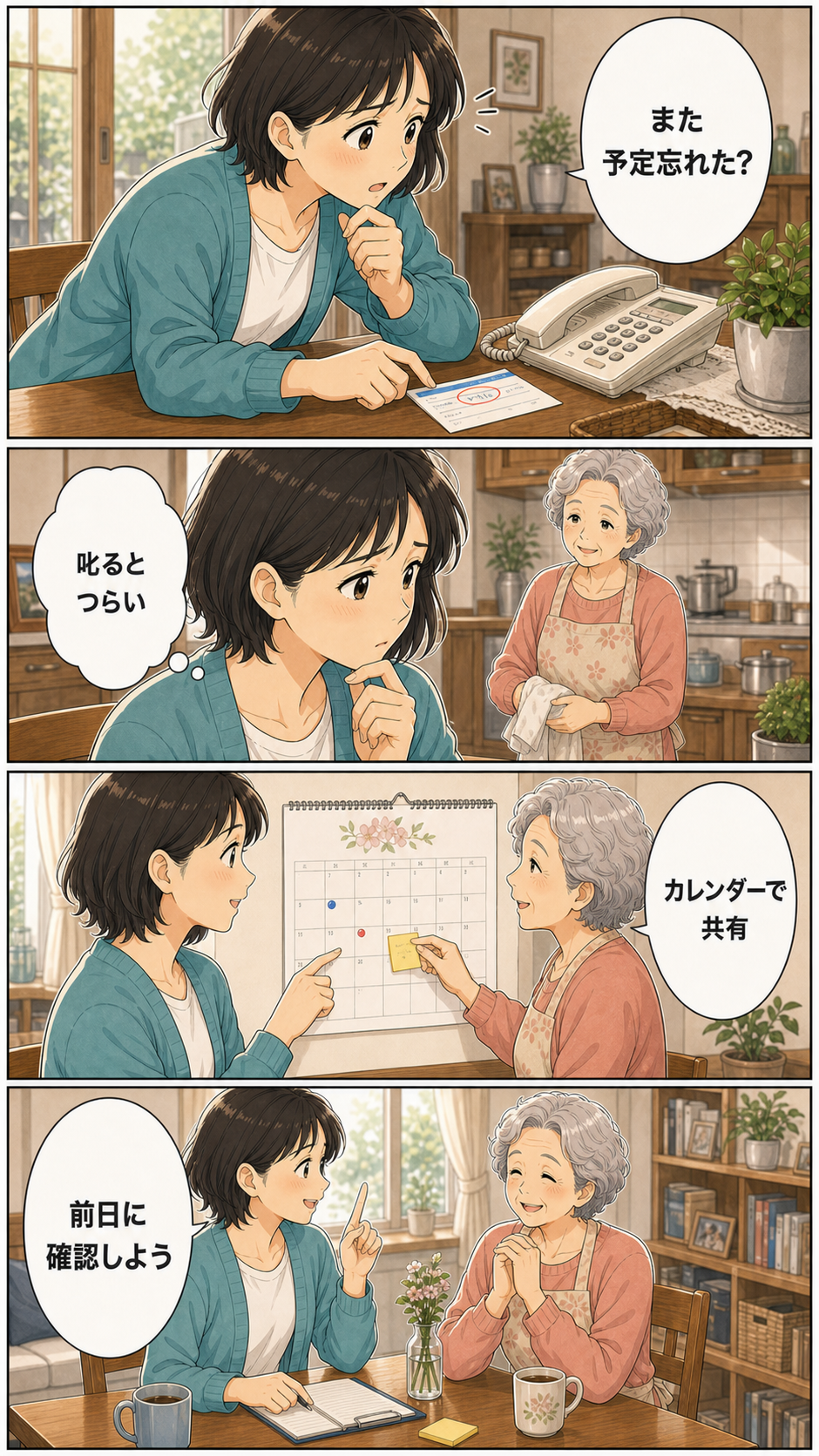 親が病院の予定を忘れやすいときの予定共有の作り方のカラーセリフ入り漫画