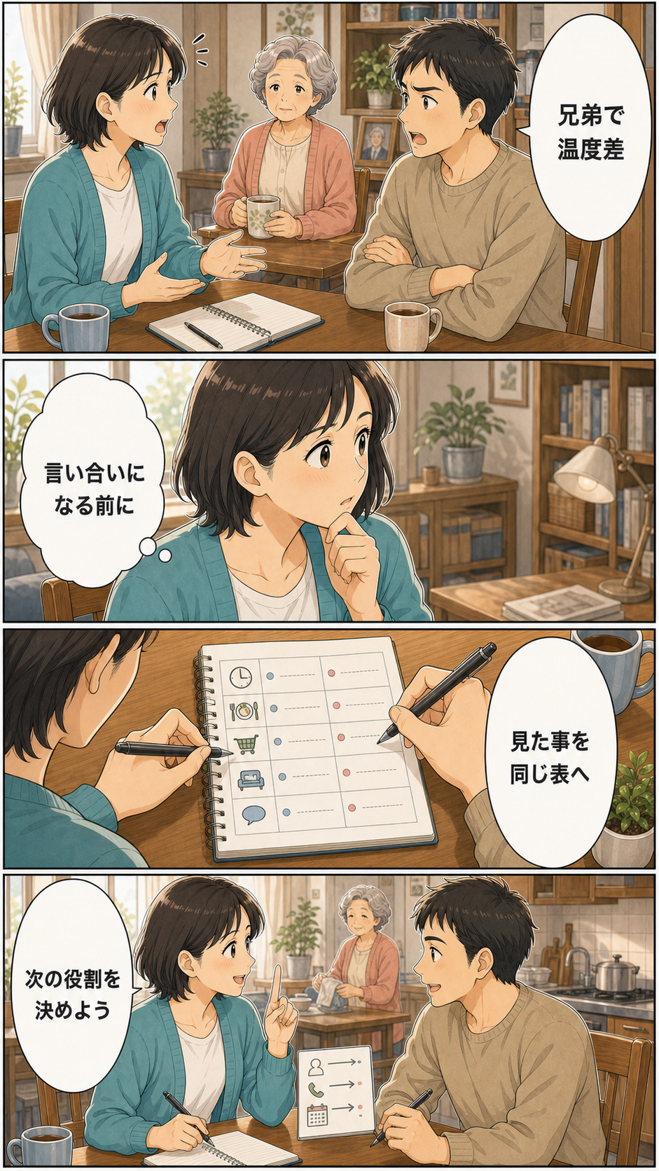 親の変化を兄弟で共有するメモの作り方のカラーセリフ入り漫画