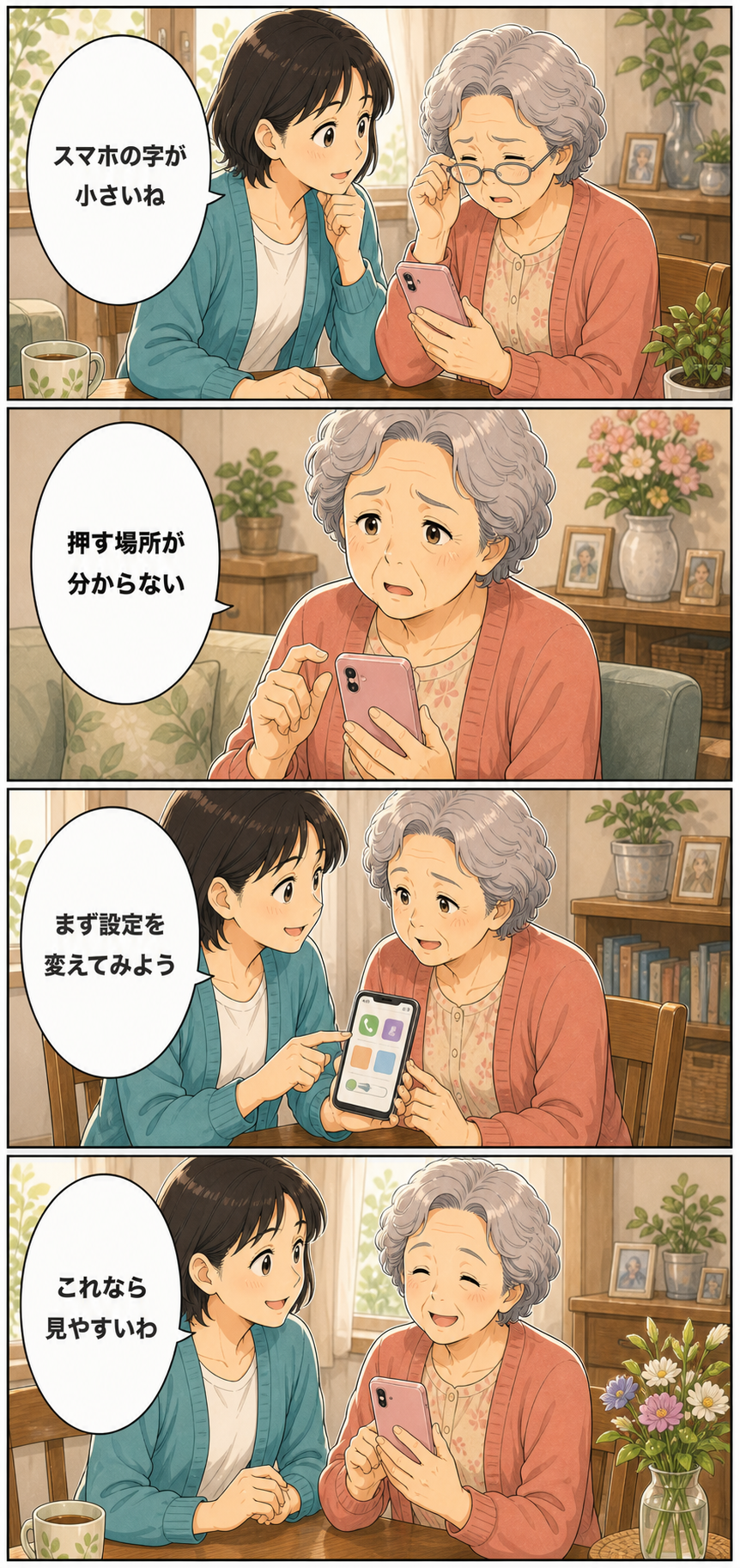 親のスマホが使いにくそうなときの設定と買い替えチェックのカラーセリフ入り漫画