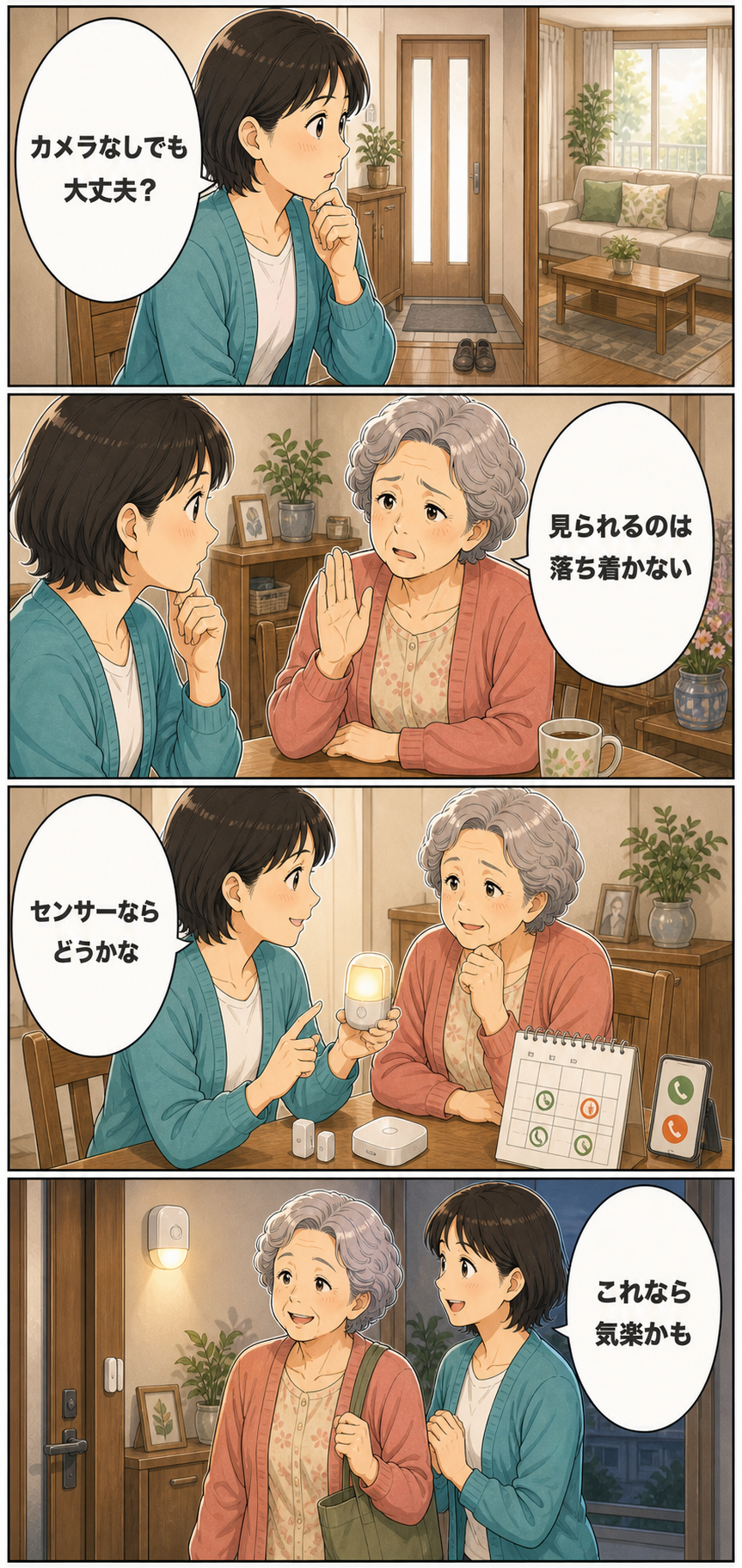 カメラなしで親を見守る方法とセンサーの選び方のカラーセリフ入り漫画