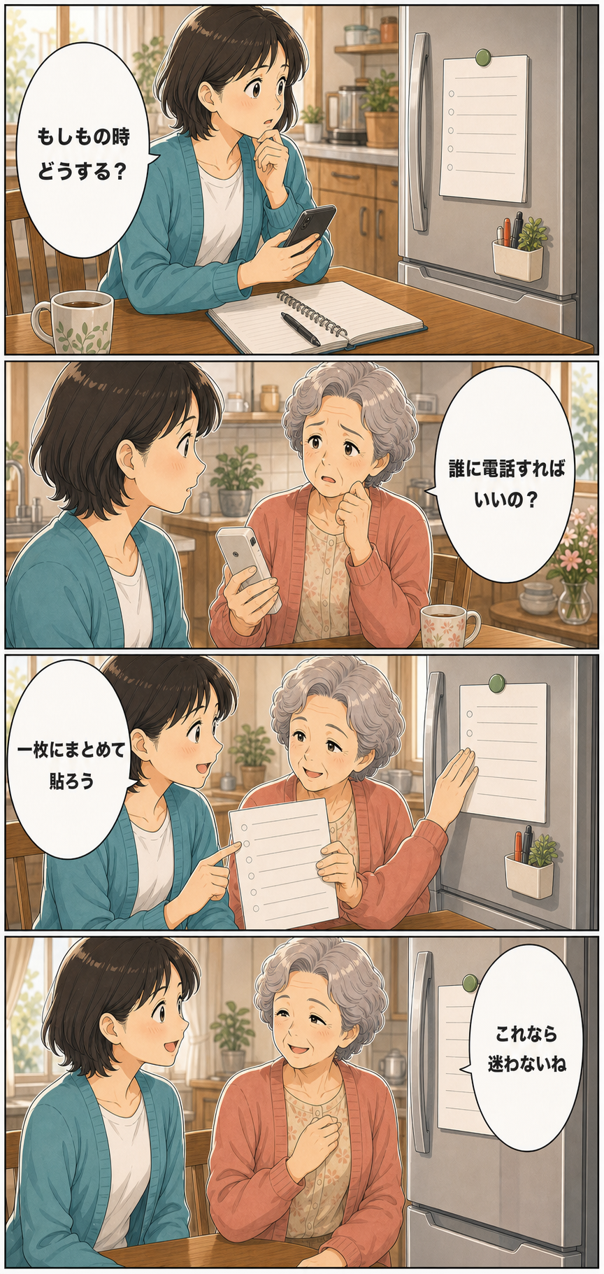 親の緊急連絡先を整理する家族用メモの作り方のカラーセリフ入り漫画