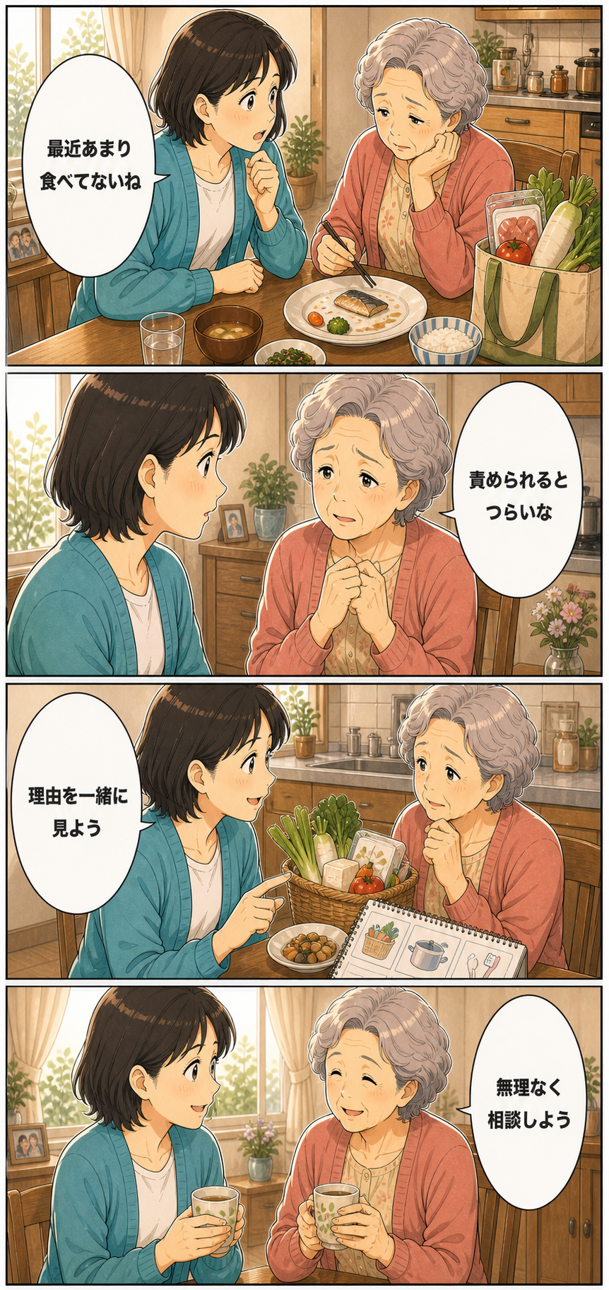 親の食事量が減ったとき家族が確認したい生活の変化のカラーセリフ入り漫画