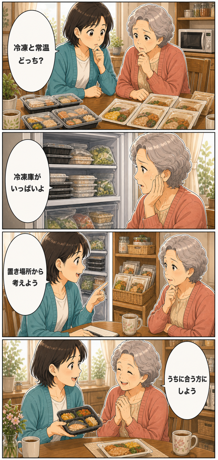 高齢者向け冷凍弁当と常温弁当はどちらが合う？違いを比較のカラーセリフ入り漫画