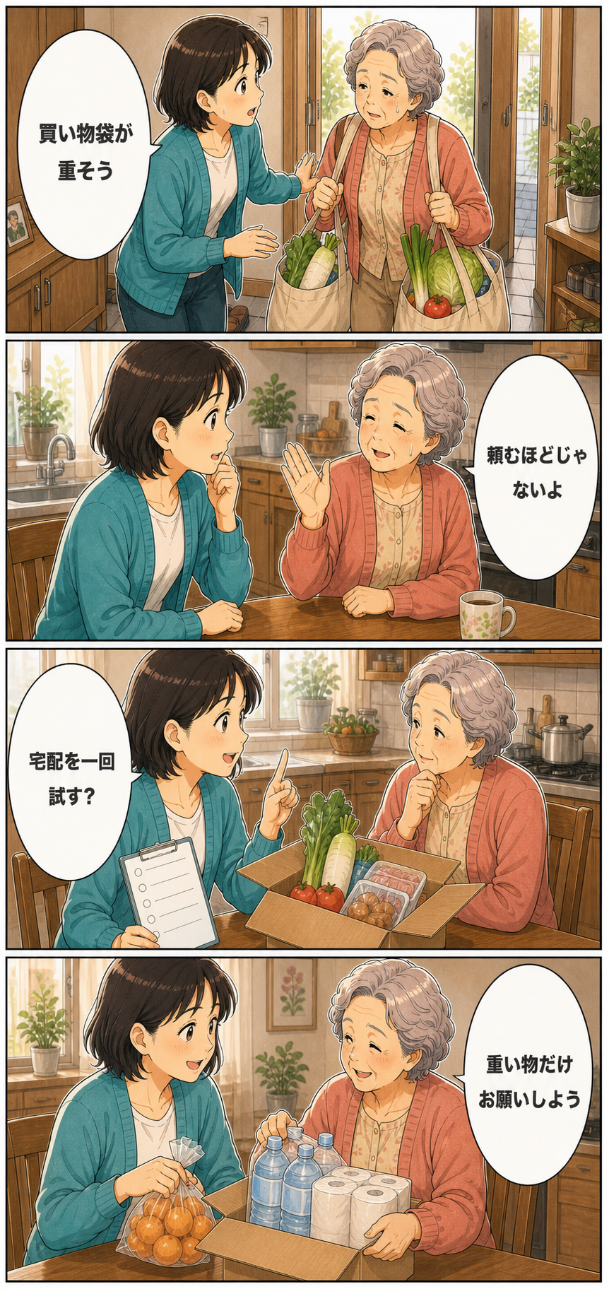高齢の親の買い物を楽にする宅配と代行サービスの使い分けのカラーセリフ入り漫画