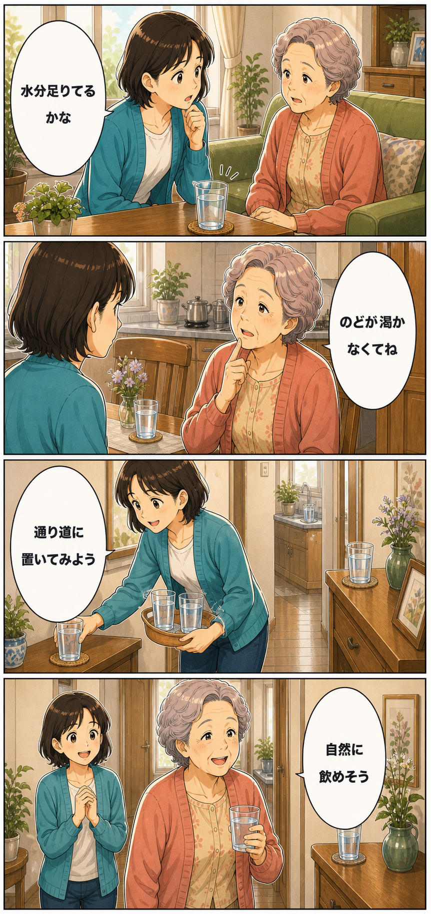 高齢者の水分補給を忘れないための家族の工夫のカラーセリフ入り漫画