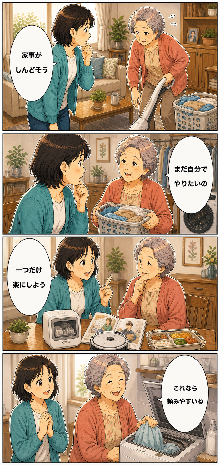 親の家事負担を減らすサービスと家電の選び方のカラーセリフ入り漫画