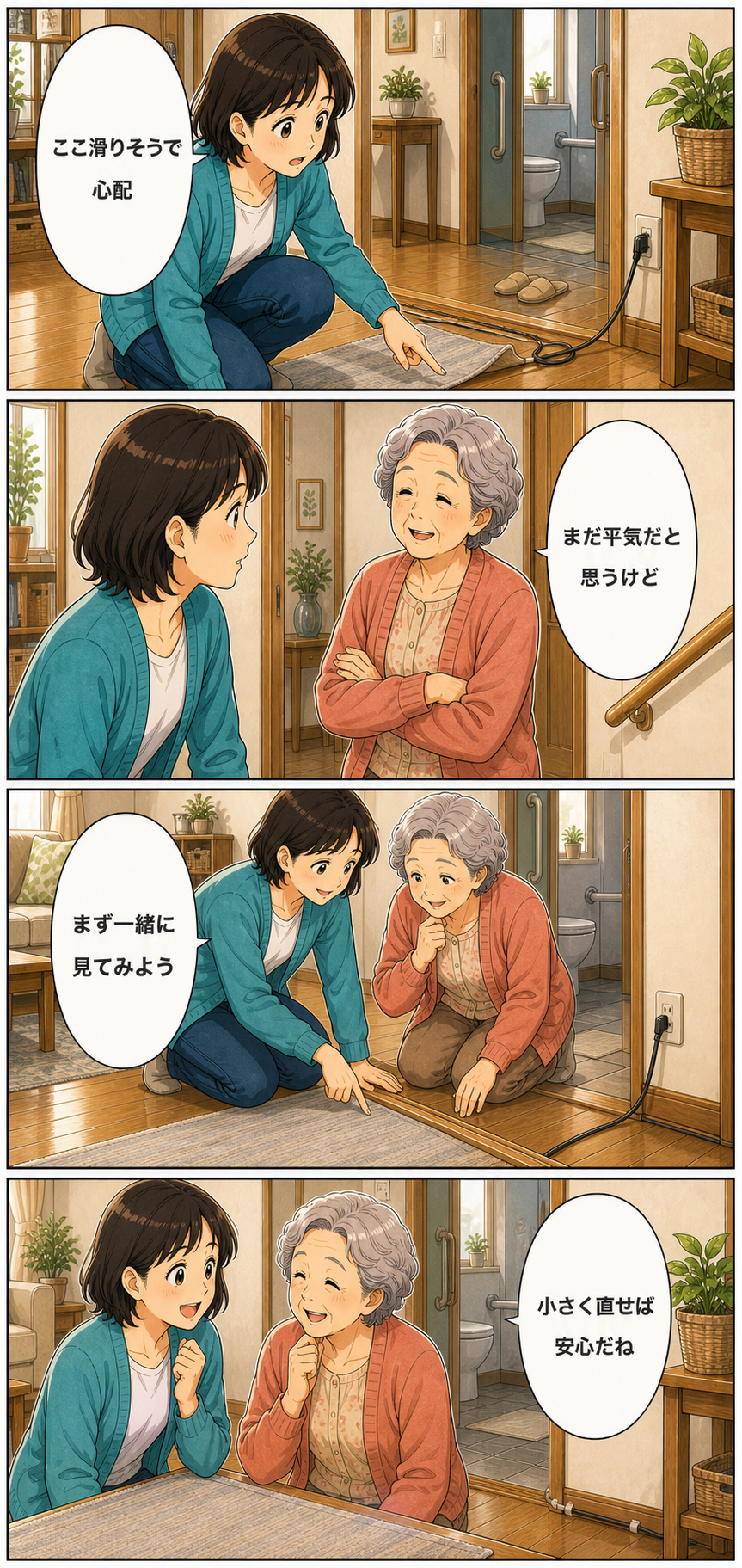 高齢の親の家で転倒を防ぐために最初に見る場所のカラーセリフ入り漫画