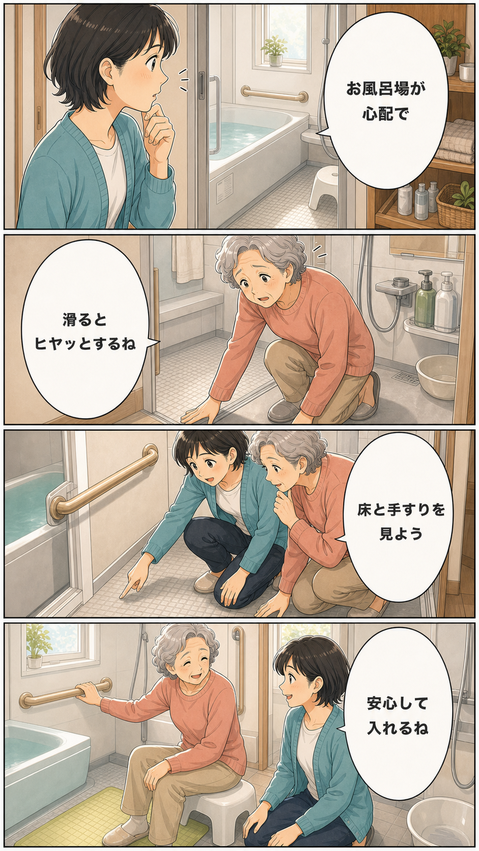高齢者の浴室転倒を防ぐために家族が確認したいことのカラーセリフ入り漫画