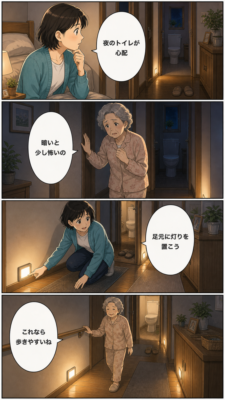夜中のトイレが心配な親のための照明と動線づくりのカラーセリフ入り漫画
