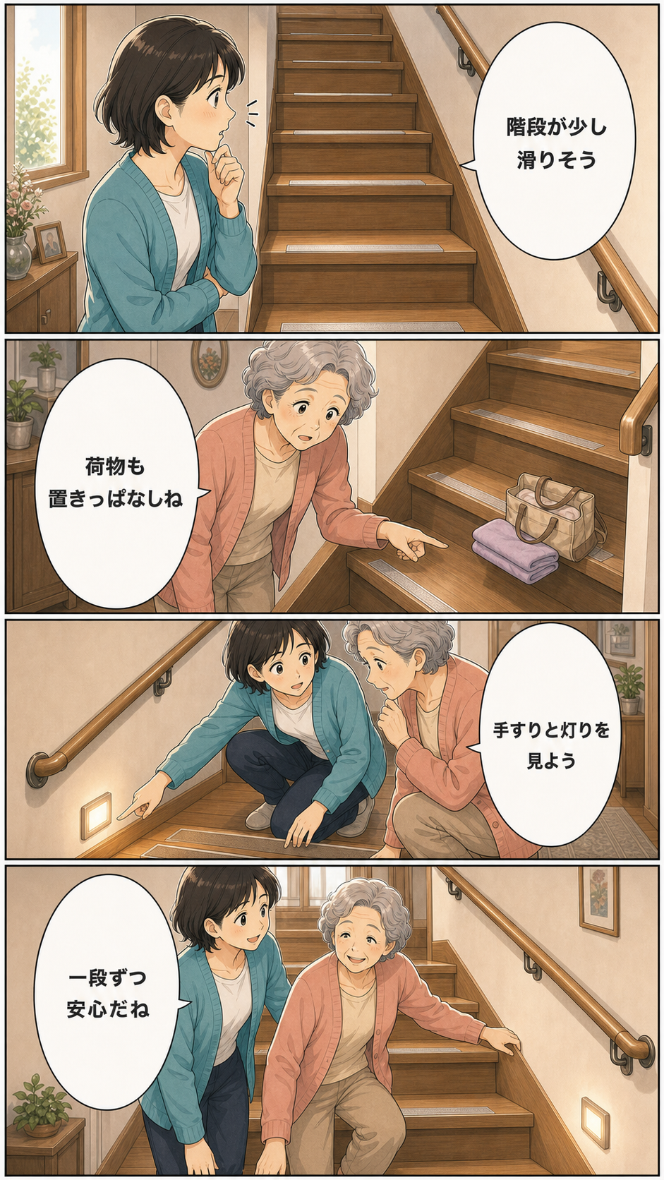 高齢者の階段対策は何から？滑り止めと手すりの見直しのカラーセリフ入り漫画