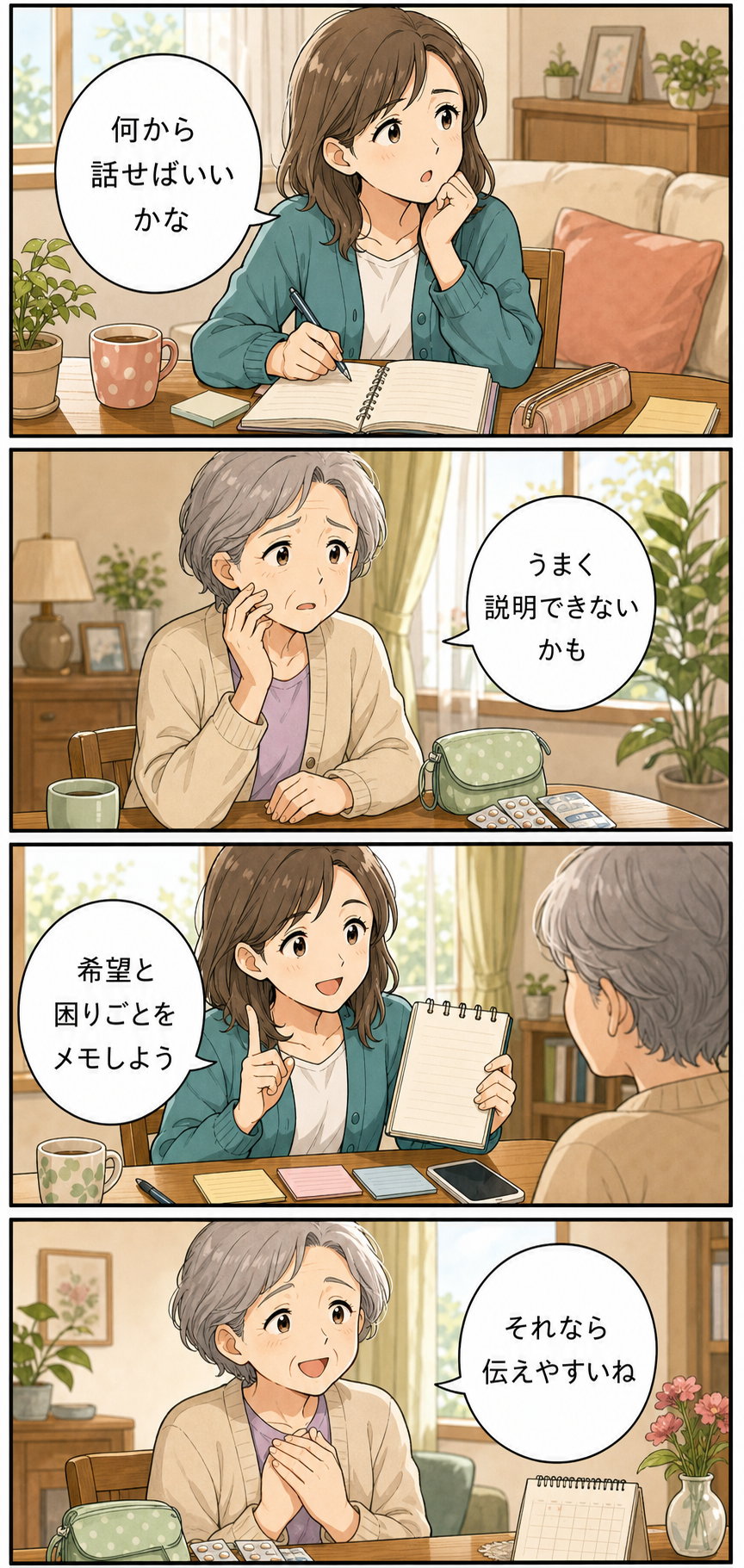 ケアマネージャーとは？相談前に家族が整理することのカラーセリフ入り漫画