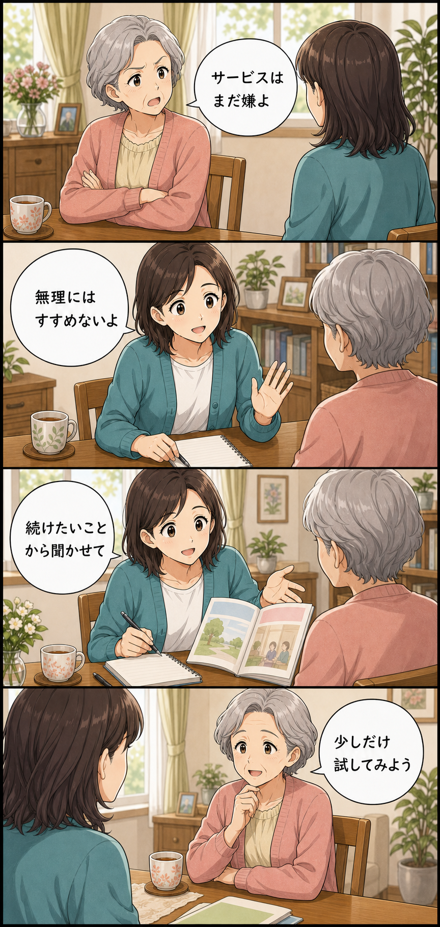 親が介護サービスを嫌がるときの話し方と進め方のカラーセリフ入り漫画