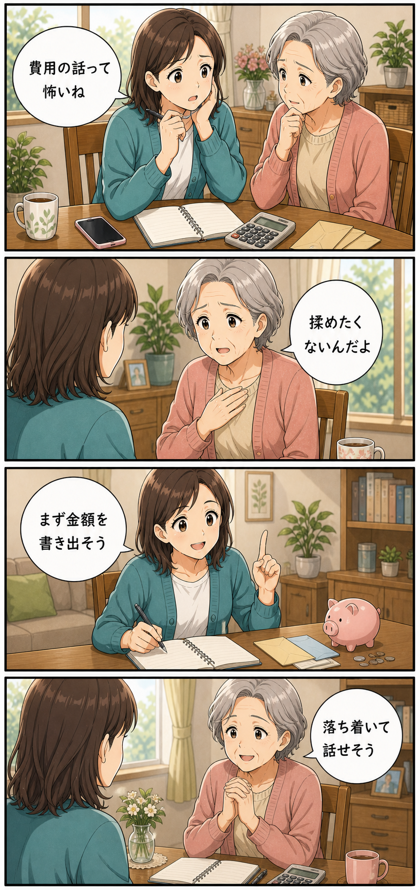 親の介護費用を話す前に整理するメモと注意点のカラーセリフ入り漫画