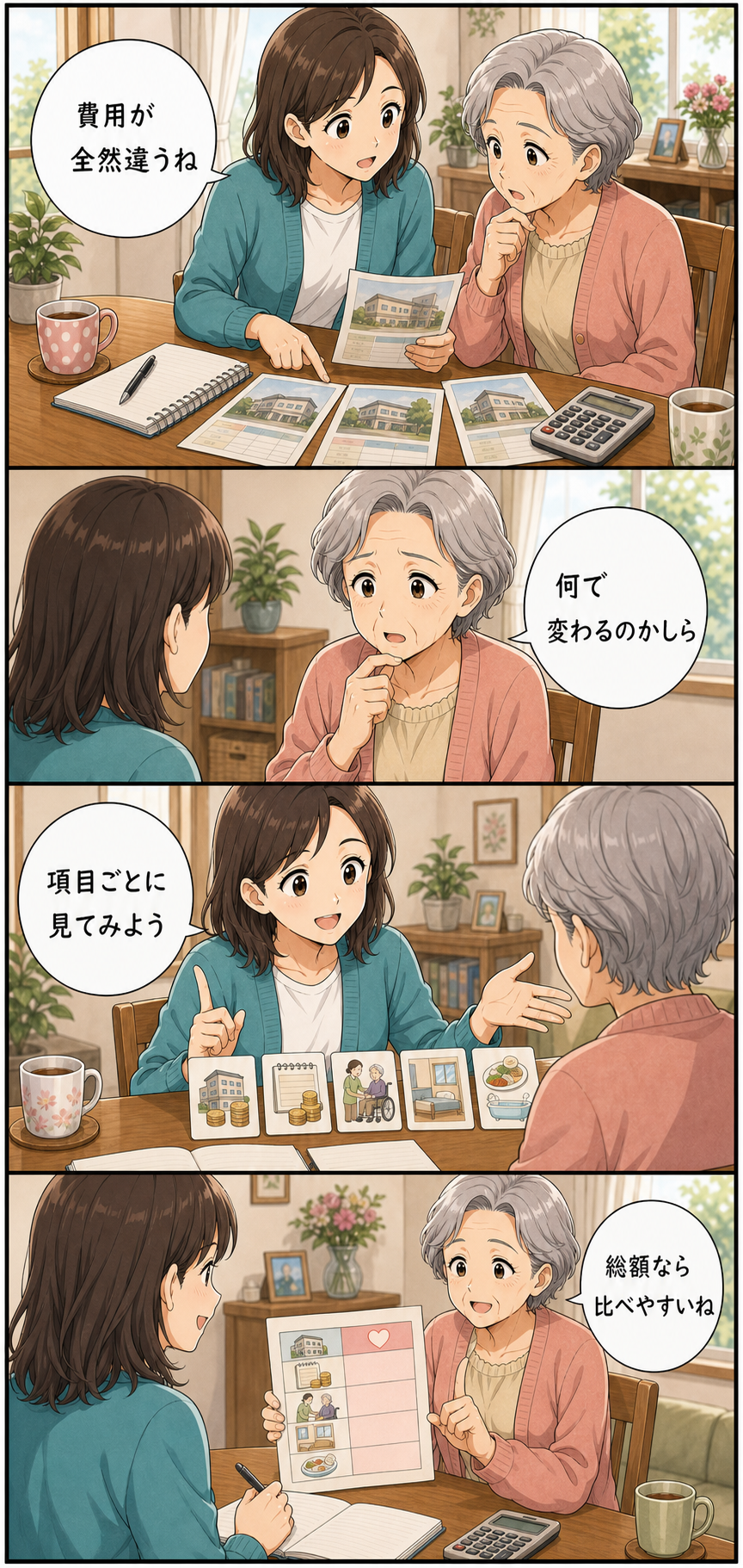 老人ホームの費用は何で変わる？家族が見るべき項目のカラーセリフ入り漫画