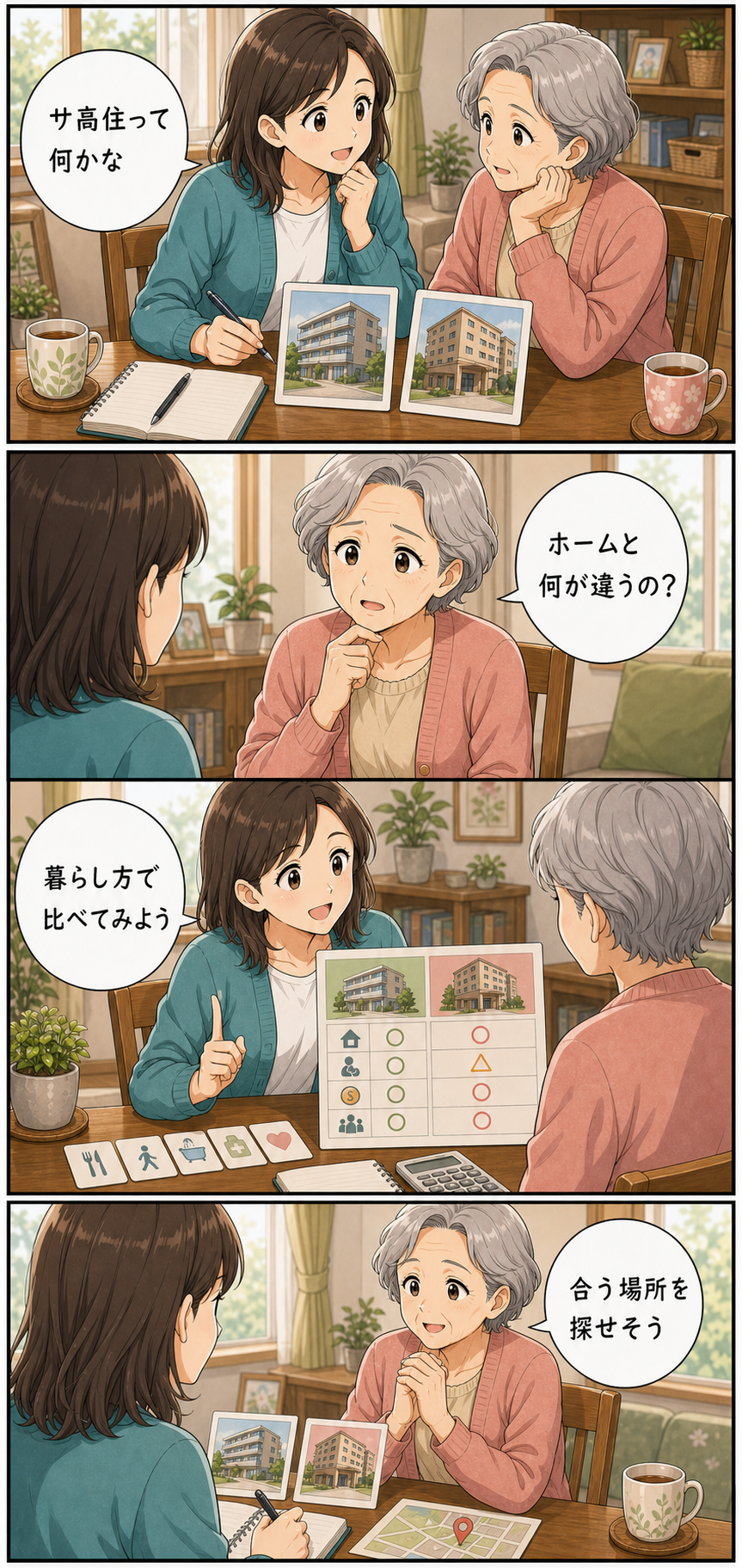 サ高住と有料老人ホームの違いを家族向けにやさしく比較のカラーセリフ入り漫画