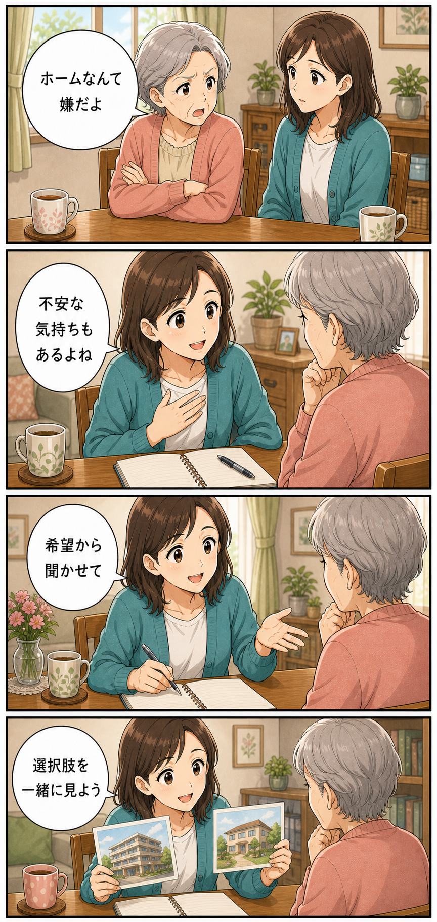 親が老人ホームを嫌がるときに最初に話すべきことのカラーセリフ入り漫画