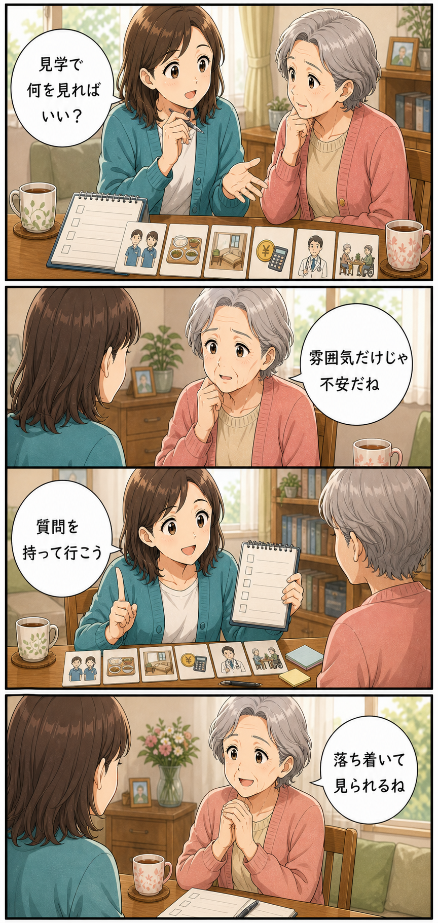 老人ホーム見学で確認したいチェックリストのカラーセリフ入り漫画