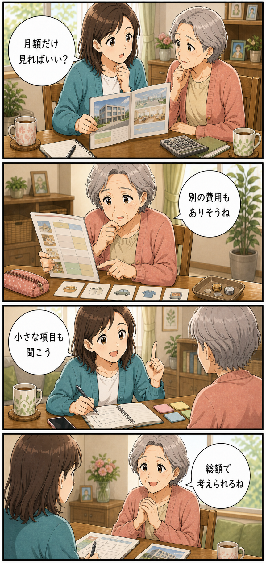介護施設のパンフレットで見落としやすい費用項目のカラーセリフ入り漫画